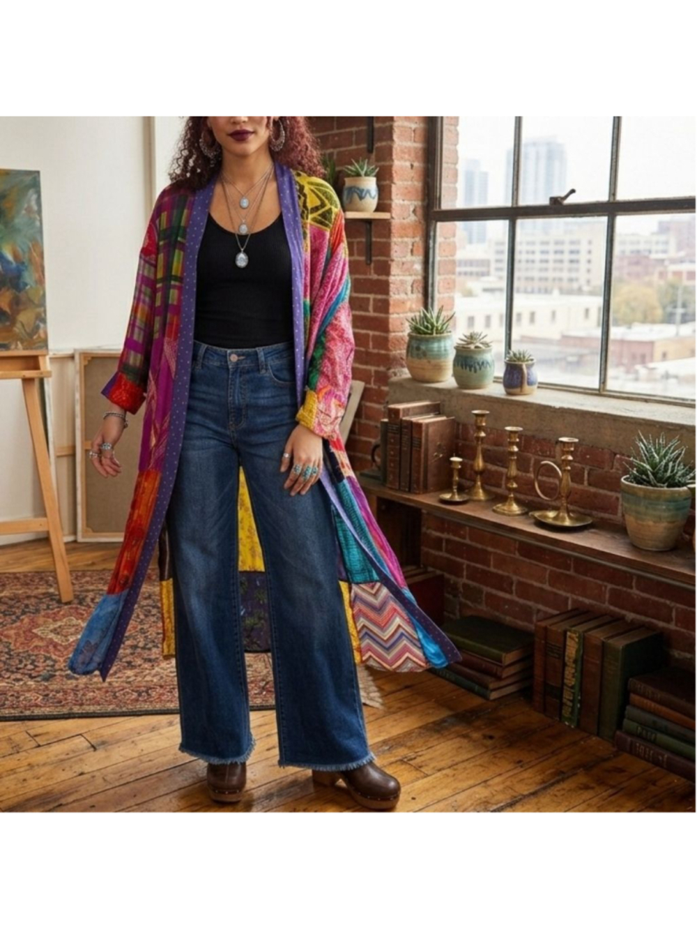 Vintage Patchwork Duster Longline Kimono Jacket Rayon Boho Whimsigoth Festival S